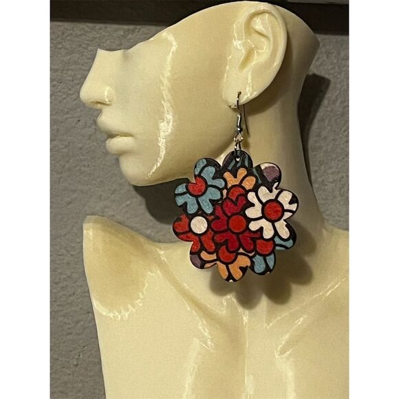 Handmade Jewelry - Colorful Retro HP🎊Flower Dangle Earrings Hand Painted Boho, hippie, festival